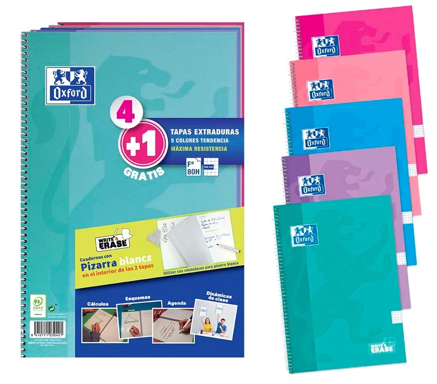 <p>Llibretes amb espiral de la <b>firma Oxford Erase</b> amb tapa extradura i coberta de pissarra blanca en la seva cara interna. Disposen de 80 f...