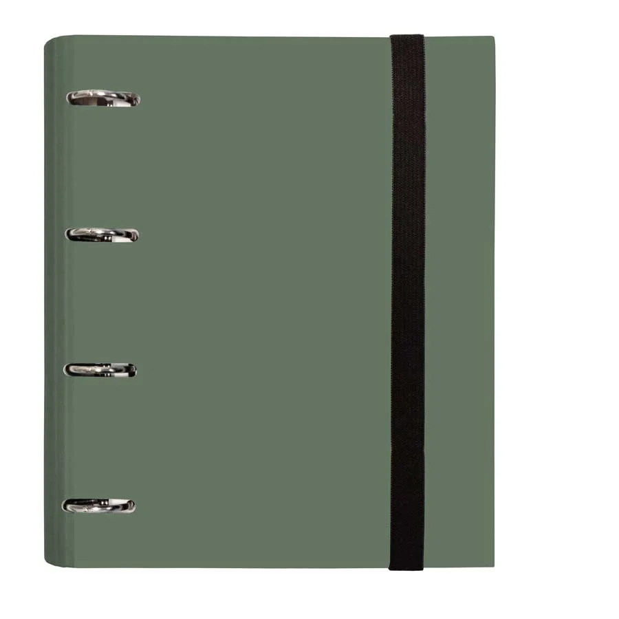 <p>Carpeta 4 anelles de 25 mm Senfort. Mida A5. Tapa cartró folrat amb paper plastificat mat. Tancament amb goma elàstica. Recanvi de 100 fulls qu...