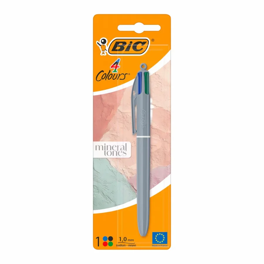 <p>Bolígraf amb quatre colors de tinta: blau, negre, verd i vermell. Compta amb puntes mitjanes de 1,0 mm. Inclou un clip lateral i botons per sel...