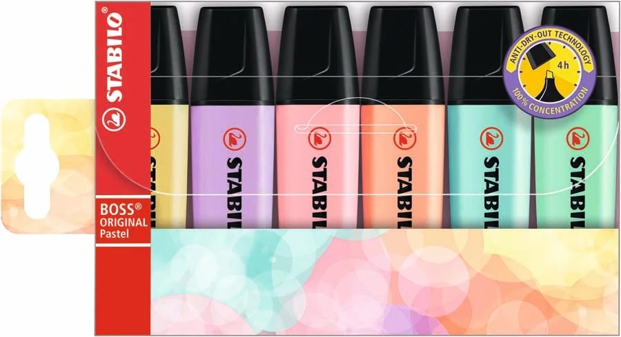 <p>Estoig de 6 marcadors fluorescents colors pastel <strong>Stabilo</strong> Boss Original<br><li>Punta en diagonal que permet fer 2 tipus de subr...