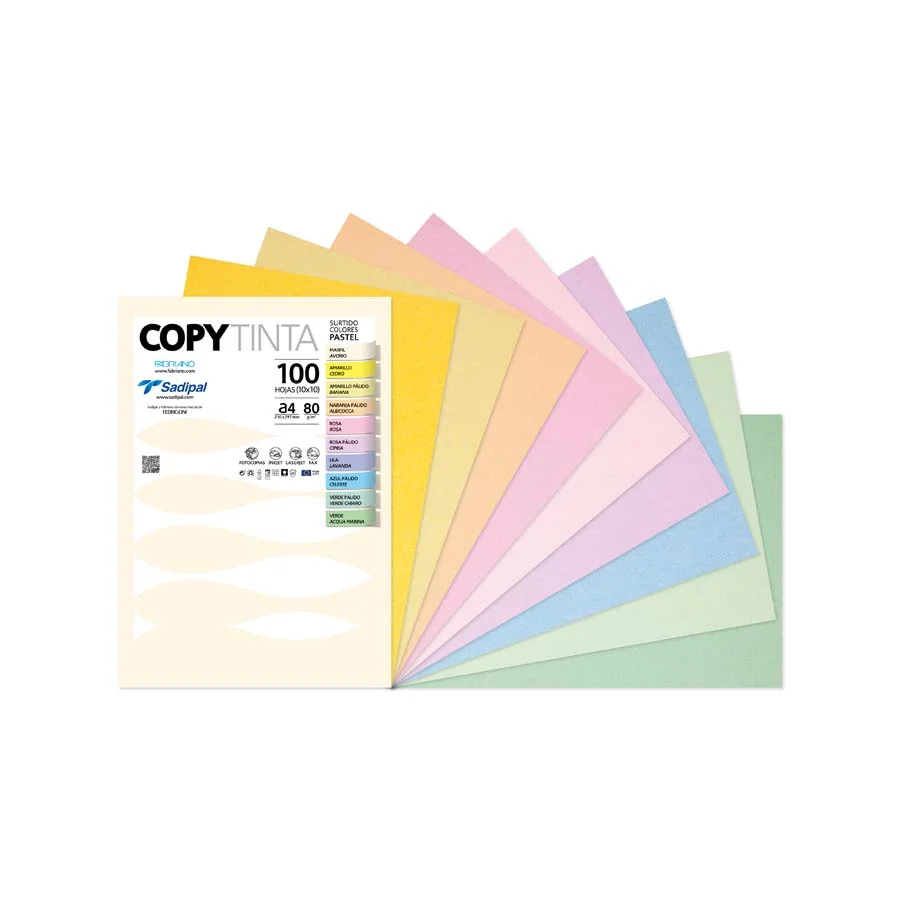 <p><b>Paper Copy Tinta A4 80 g Fabriano assortit pastel 100 fulls</b><br><br>Paquet de 100 fulls de paper Fabriano Copy Tinta de 80 g/m² en 10 col...