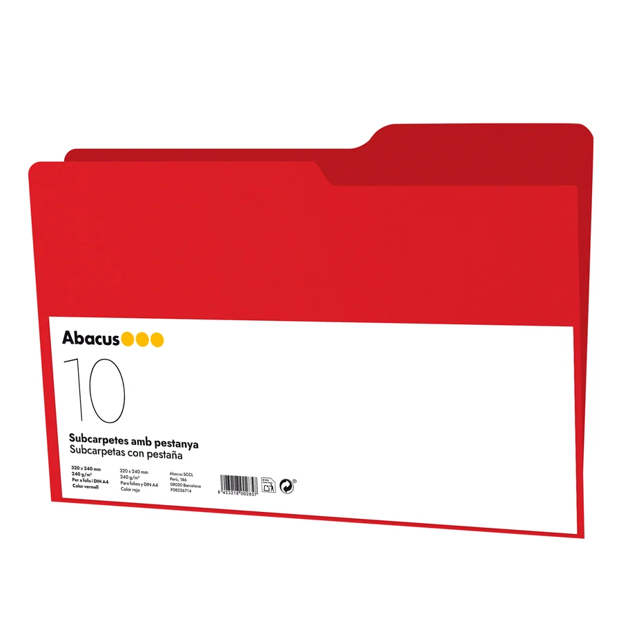 Subcarpeta Abacus A4 amb pestanya 240g vermell 10u Subcarpeta Abacus A4 amb pestanya 240g vermell 10u