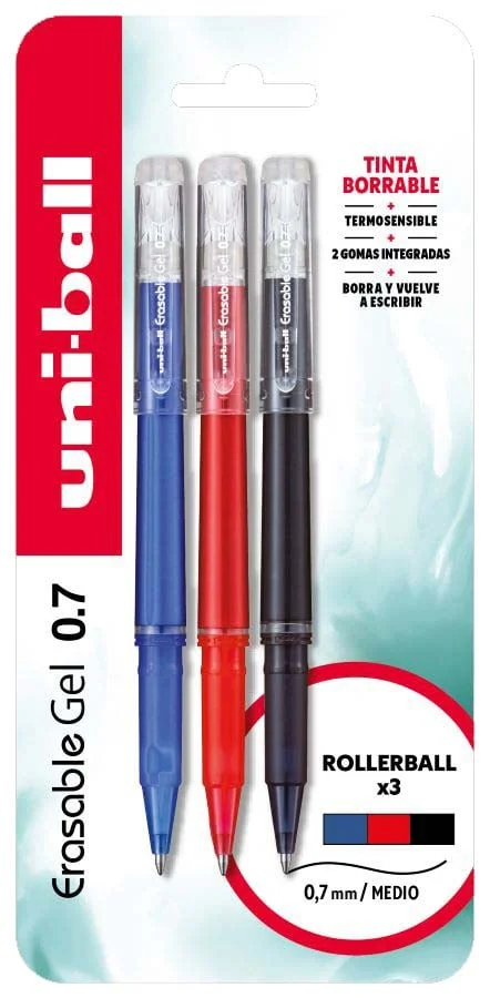 Bolígraf Uni-ball Esborrable Gel de traç mitjà de 0,7 mm. Conté una tinta termosensible i dues gomes que faciliten l'esborrat: una al caputxó i l'...