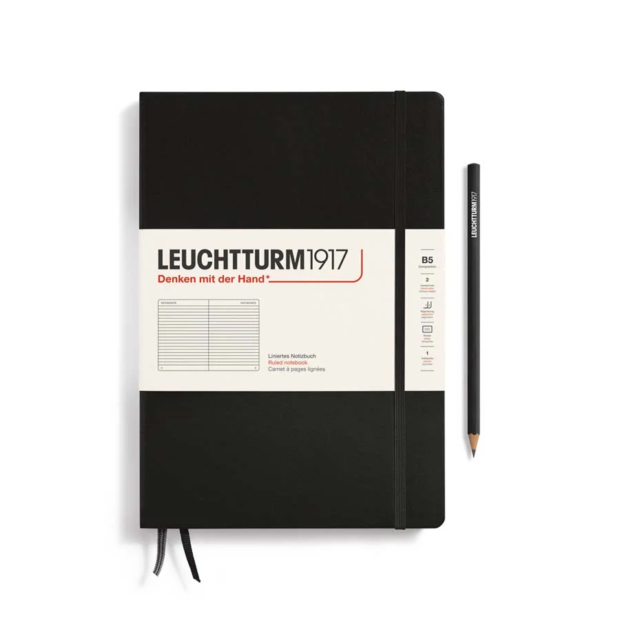 <p>Quadern Leuchtturm Composition B5 tapa dura, color negre, pautat línies, paper 80 g/m2. Amb un format intermedi 178 x 254 mm, Composition (B5) ...