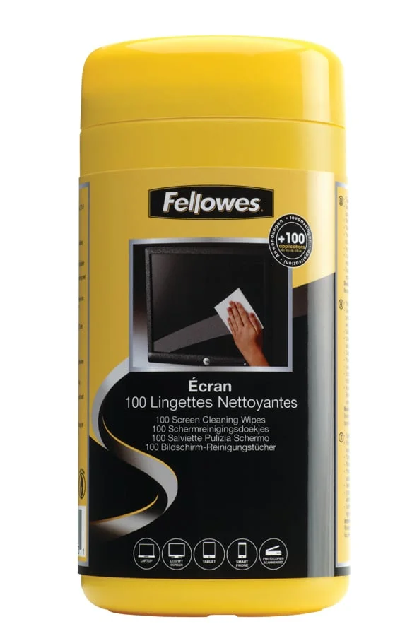 <p>Pot 100 tovalloletes humides <strong>Fellowes</strong> per netejar qualsevol tipus de pantalla (CRT, TFT, LCD) o filtres de pantalla. Pot hermè...