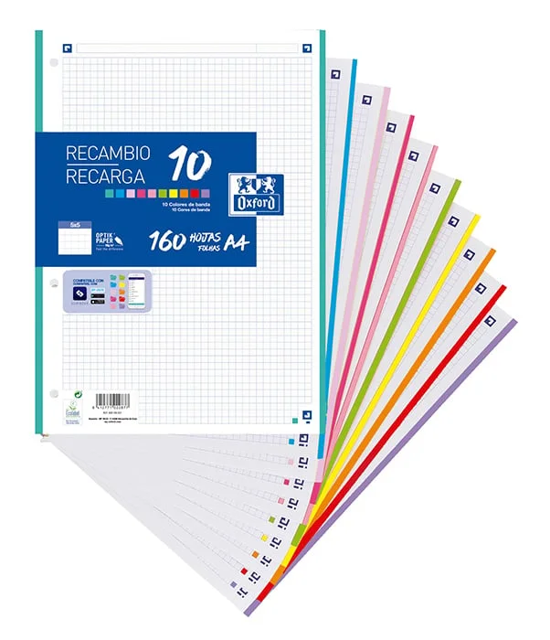 <p><b>Recanvi Paper A4 160 fulls 5x5 Oxford</b><br><br>Recanvi de paper Oxford de 160 fulls amb 10 bandes de colors per a una organització temàtic...