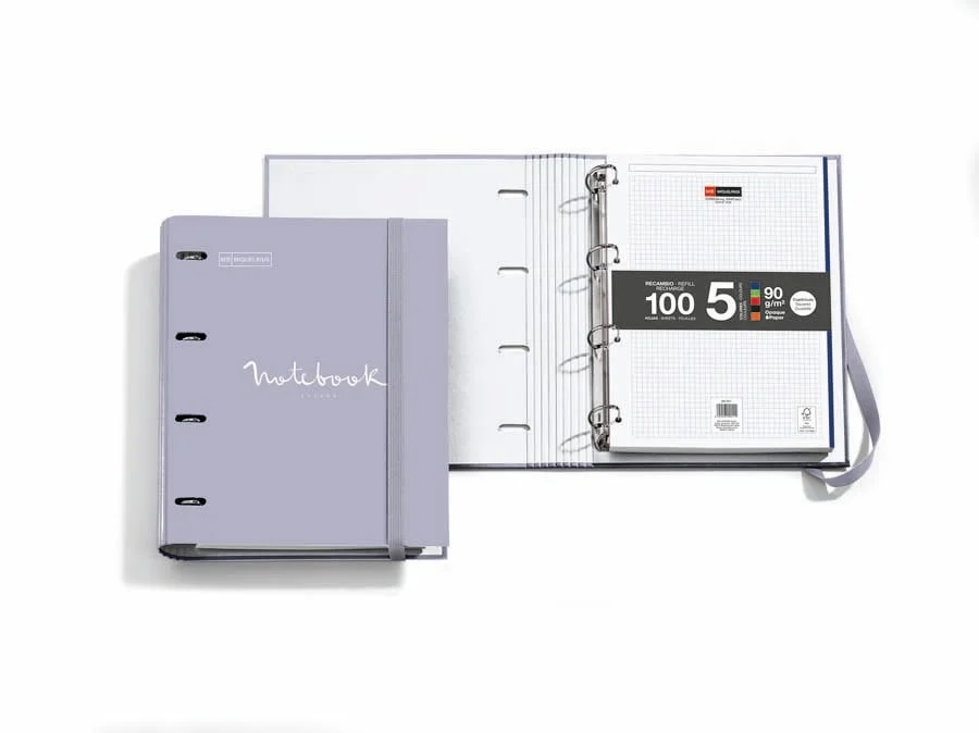 Carpeta Miquelrius Emotions 4 Anelles. Arxivador amb tancament mitjançant goma elàstica amb bloc notebook quadriculat incuido Recanvi de 100 fulls...