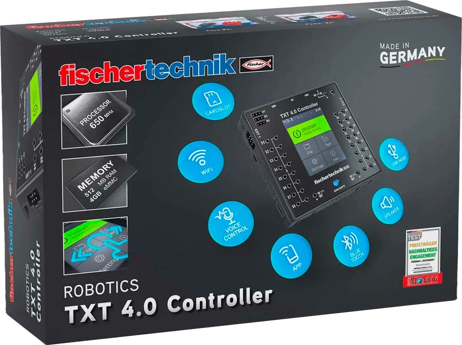 El controlador TXT 4.0 ofrece muchas novedades con sus 512 MB de RAM y 4 GB de eMMC, las tres salidas de servo y una pantalla táctil capacitiva qu...