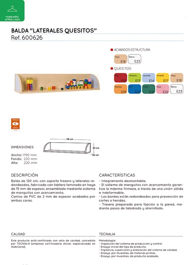 Balda amb laterals formatgets 119x22x22cm faig