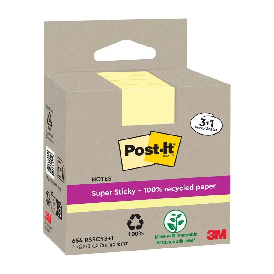 <p><b>Bloc Post-it reciclat 76x76mm 3+1 unitats</b><br><br>Bloc de notes adhesives Post-it Super Sticky fabricat amb paper 100% reciclat. Aquestes...