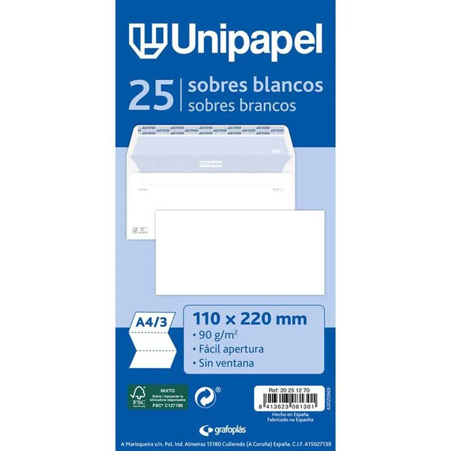Sobres autoadhesius blanc 110x220mm 25u