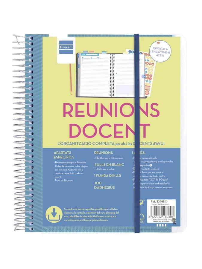 <b>Llibreta espiral Reunions Docent Finocam DIN A5 castellà</b><br><br>Llibreta amb espiral i 3 apartats indicada per organitzar el contingut de l...