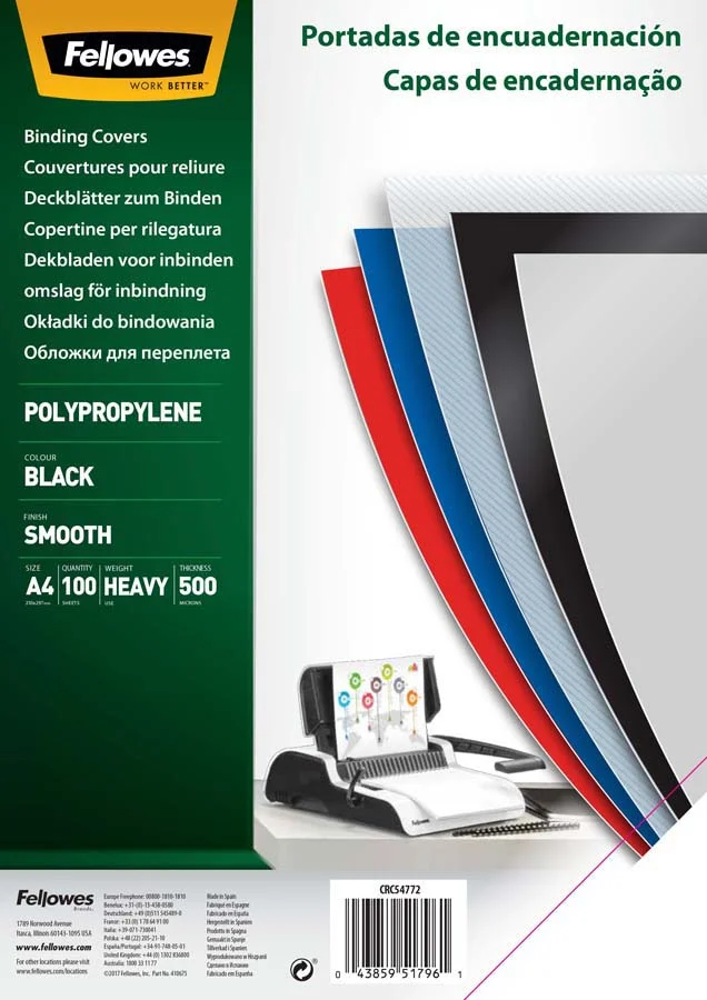 Tapes d'enquadernar A4 translúcides Fellowes PP 450 micres negre 100u Tapes d'enquadernar A4 translúcides Fellowes PP 450 micres negre 100u