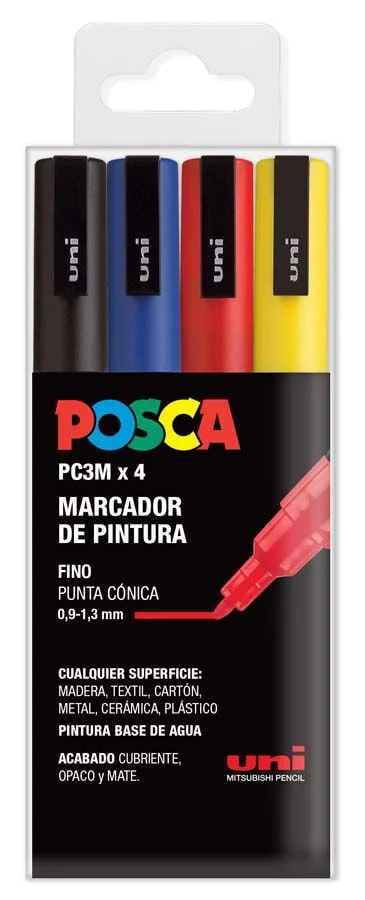 <p><b>Retoladors POSCA PC-3M 0,9-1,3 mm Basic 4 colors</b><br><br>La gamma POSCA PC-3M destaca per la seva punta cònica fina, oferint una versatil...