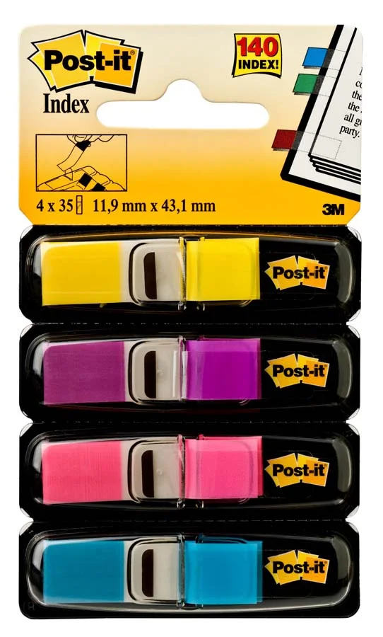<p><b>Banderetes Post-it Index 4 colors brillants 140 unitats</b><br><br>Marcadors adhesives reposicionables de plàstic resistent, ideals per seny...