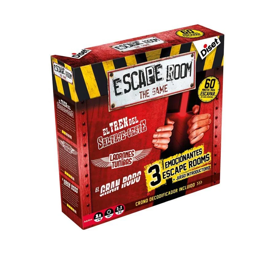 Joc de taula que simula una experiència Escape Room de veritat. Amb 3 aventures noves: El tren del salvatge Oest, Lladres de tombes i El Gran Roba...