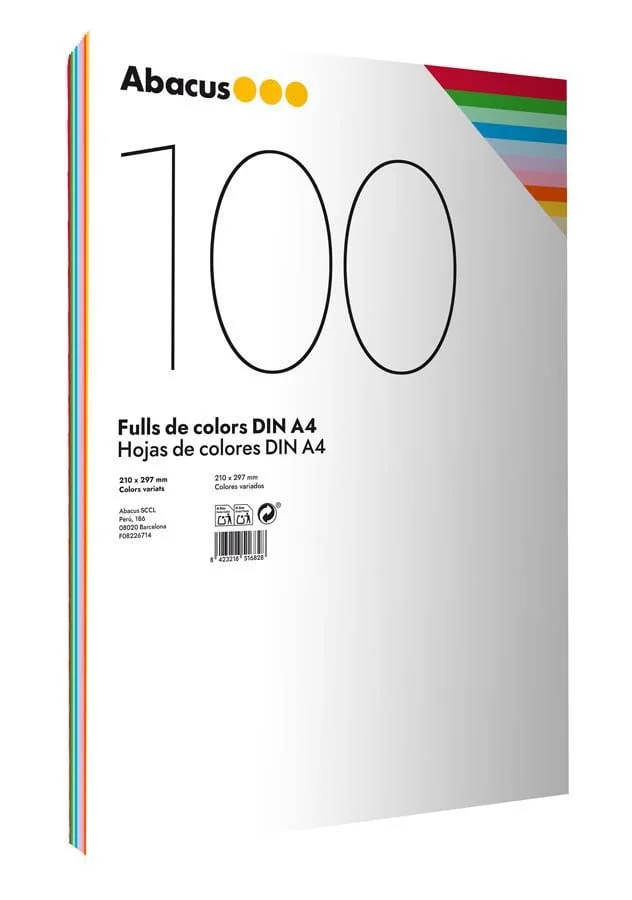 <p><b>Paper de colors Abacus A4 80g 100 fulls</b><br><br> Paper de colors Abacus per a ús diari. <br><br><b>Característiques:</b><li>Gramatge: 80 ...