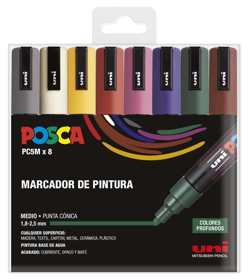 <b>Retoladors POSCA PC-5M Foscos 8 colors (Punta mitjana 1,8-2,5 mm) </b><br><br>El marcador polivalent per excel·lència. La seva punta mitjana pe...