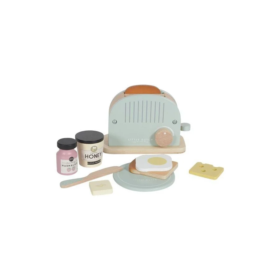 <p>Set de torradora de fusta, amb ingredients i accessoris per jugar a preparar l'esmorzar. En pressionar la palanca les torrades salten cap amunt...