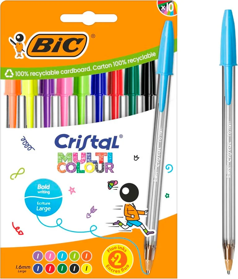 <b>Pack 10 Bolígrafs Bic Cristal Multicolor Punta Ampla</b><br><br>Blíster amb 10 bolígrafs <b>BIC Cristal</b> en 10 colors vius. Punta d'1,6 mm i...