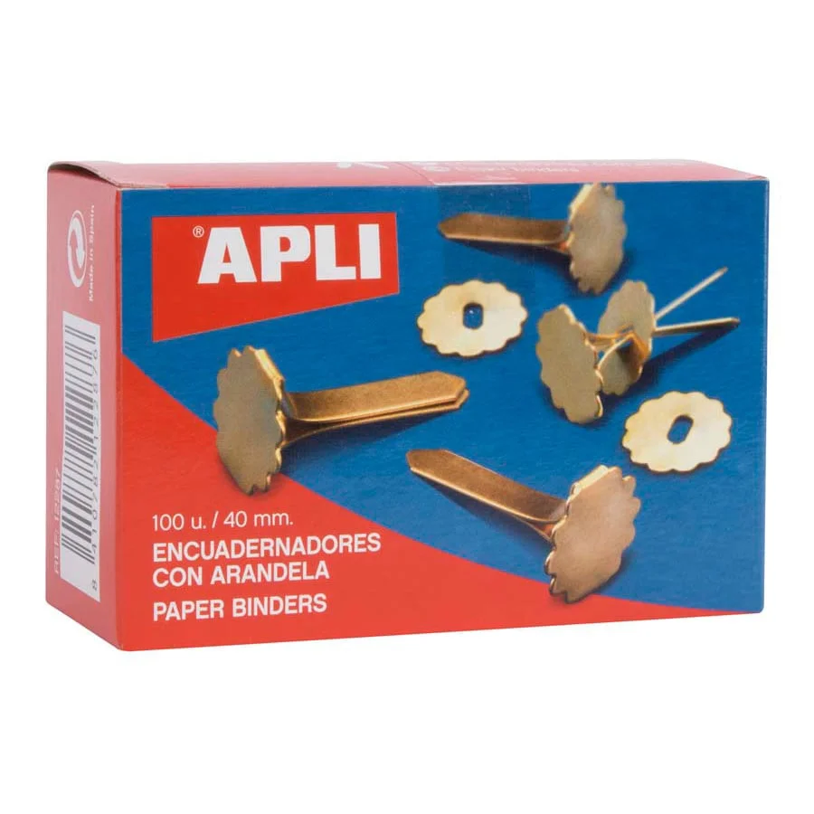 <p><b>Enquadernadors amb volandera Apli 40 mm 100 unitats</b><br><br>Fixadors metàl·lics daurats de gran capacitat amb volandera, dissenyats per a...
