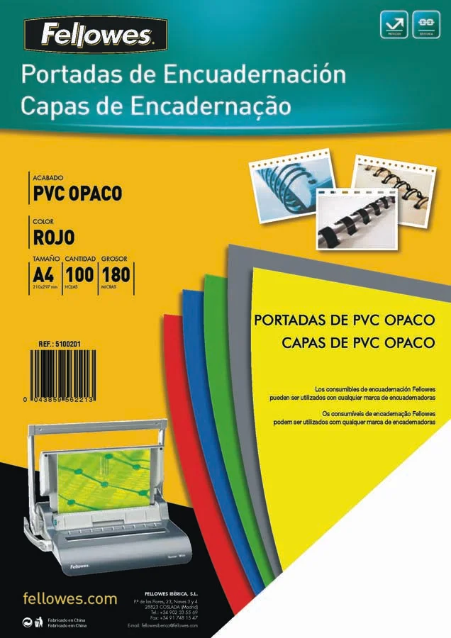 Tapes d'enquadernar A4 Fellowes PVC 180 micres vermell 100u