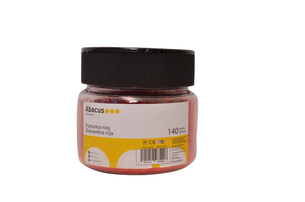 <p><b>Purpurina Abacus vermell 140 g</b><br><br> Purpurina de colors Abacus en pot. <br><br><b>Característiques:</b><li>Color: Vermell.</li><li>Po...