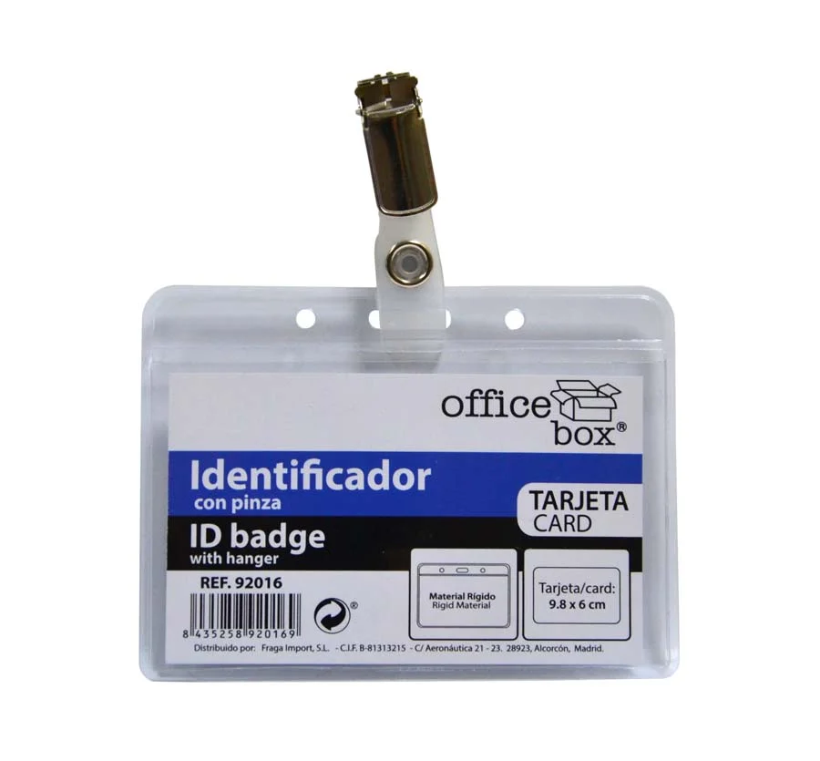 <p><b>Funda identificadora amb pinça Office Box</b><br><br>Funda protectora de plàstic amb pinça metàl·lica, dissenyada per portar i exhibir targe...