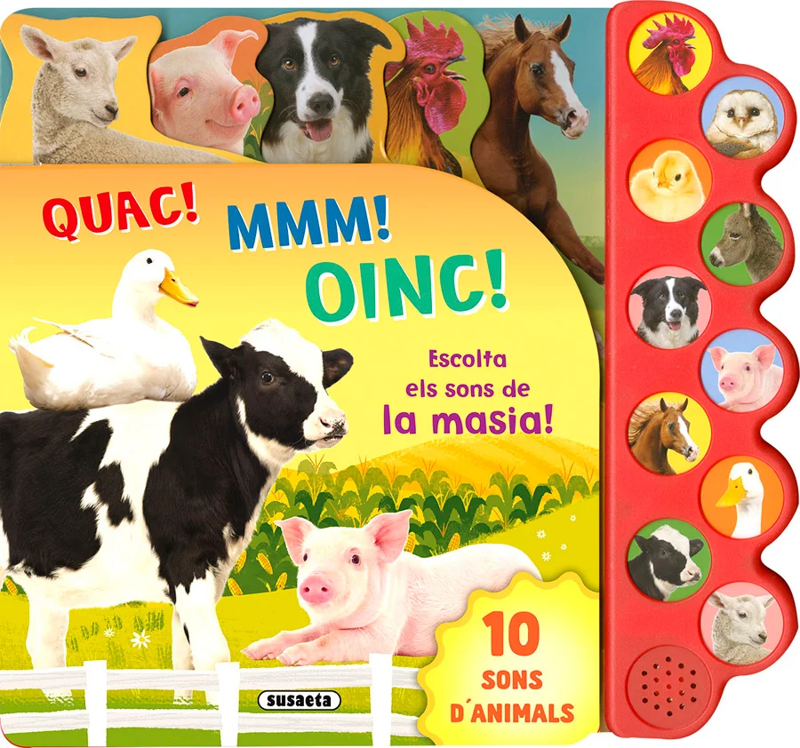 Deu sons d'animals que viuen en una masia, i que et faran creure que ets allà amb ells: el porc, la vaca, el gall... Amb pàgines de cartró encunya...