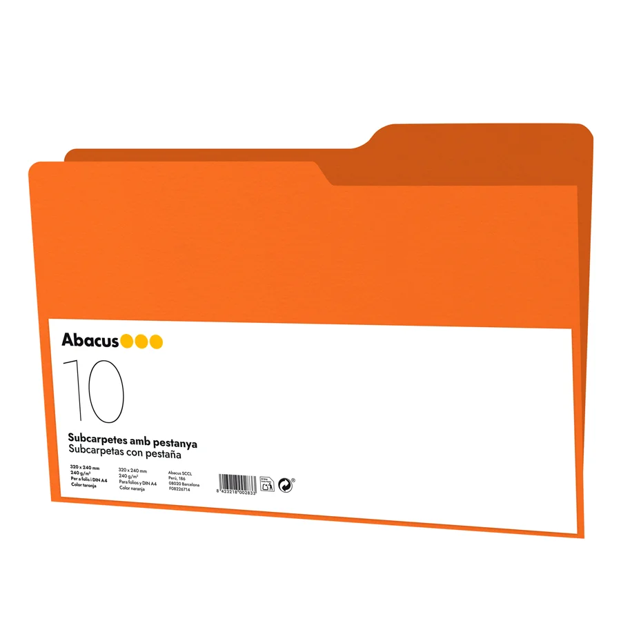 Subcarpeta Abacus A4 amb pestanya 240g taronja 10u