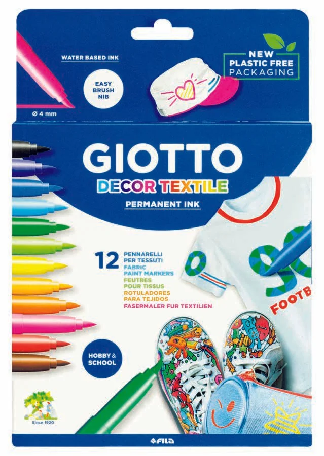 <b>Retoladors Giotto Decor Textile 12 colors</b><br><br>Retolador per pintar i crear dissenys sobre roba i teixits. Tinta a base d'aigua (sense ol...