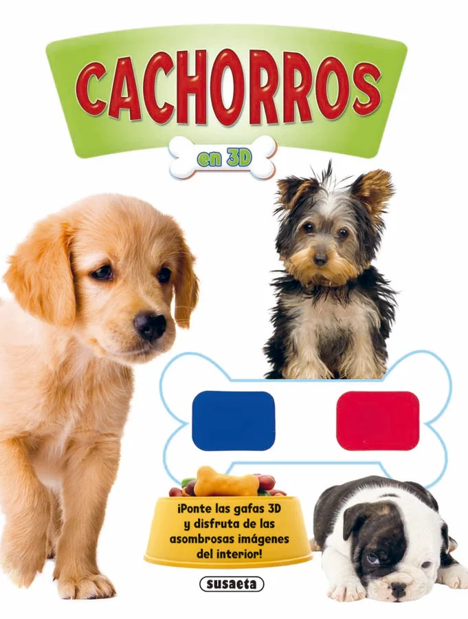 Ponte las gafas 3D y disfruta de las asombrosas imágenes que encontrarás en el interior de este libro repleto de simpáticos cachorros.
