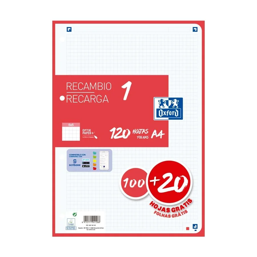Recanvi Note book 1 Oxford A4 5x5 100+20 fulls vermell