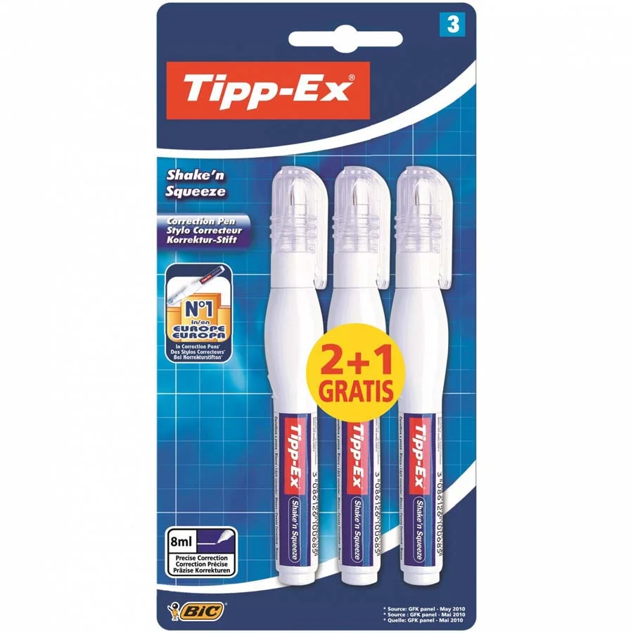 <b>Corrector Llapis Tipp-Ex Shake'n Squeeze 2+1 unitats</b><br><br>Corrector líquid en forma de bolígraf <b>Tipp-Ex® Shake'n Squeeze</b> de <b>Bic...