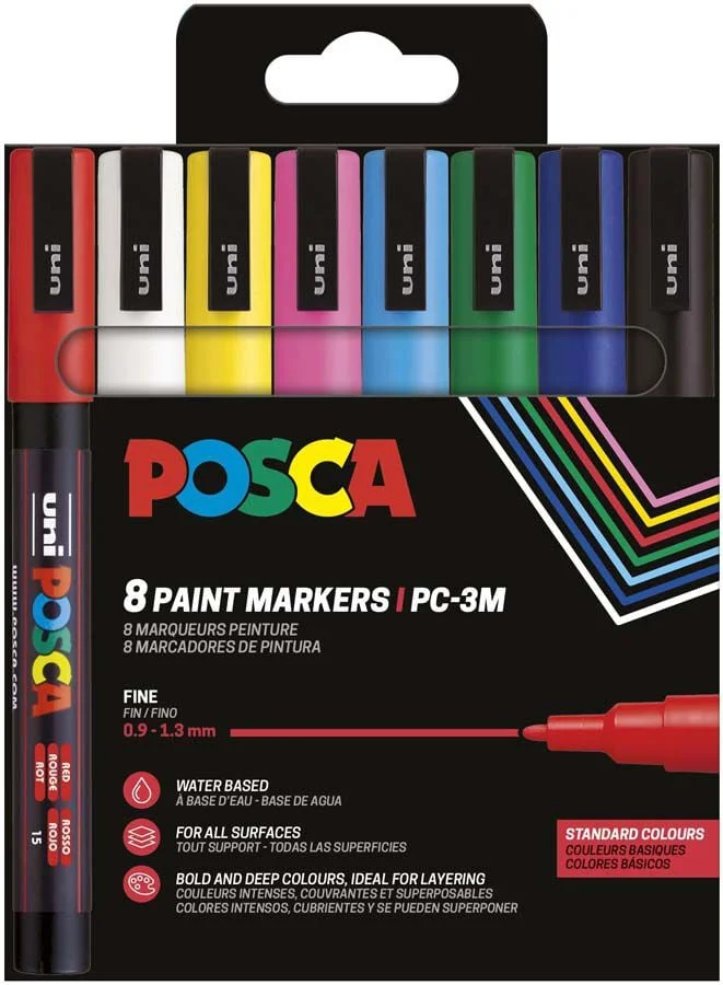 <p><b>Retoladors POSCA PC-3M 0,9-1,3 mm Basic 8 colors</b><br><br>La gamma POSCA PC-3M destaca per la seva punta cònica fina, oferint una versatil...