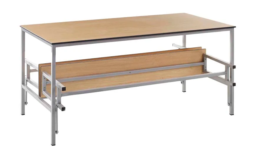 Taula Plec amb bancs plegables 200x75cm tauler faig potes blanc