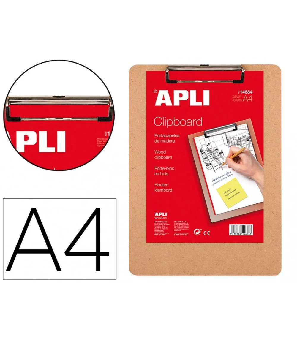 <p><b>Portafolis de fusta Apli A4 amb pinça</b><br><br>Porta-notes rígid de fusta Apli de 23 x 32 cm, dissenyat per suportar papers de mida A4 i f...