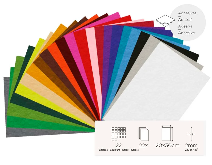 <p><b>Làmines de feltre adhesiu Innspiro 20 x 30 cm 22 colors</b><br><br>Làmines de feltre adhesiu <strong>Innspiro</strong>, idònees per a <b>man...