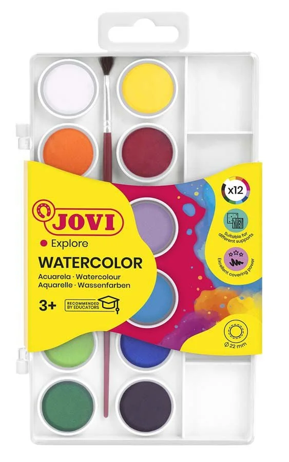 <p>Estoig de 12 aquarel·les de colors <strong>Jovi</strong>. Inclou 12 pastilles de 22 mm i una paleta de mescles i pinzell.<br><li>Ideal per pint...