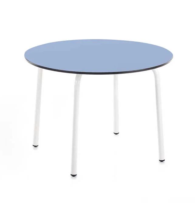 Taula Atlàntida circular 90 T2-50cm tauler blau clar potes blanc Taula Atlàntida circular 90 T2-50cm tauler blau clar potes blanc