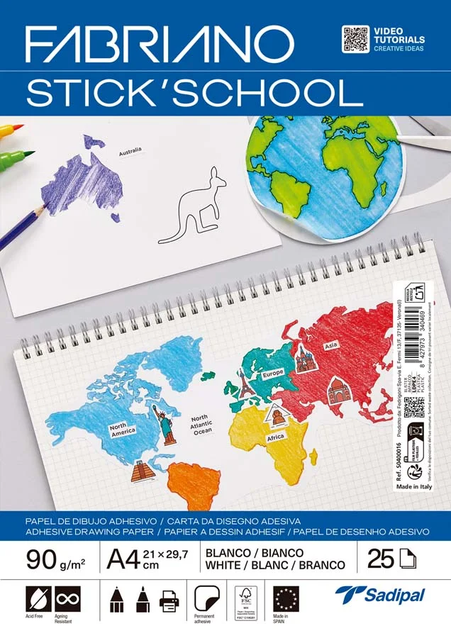 Bloc Paper de Dibuix adhesiu Stick'School A4 blanc 25 fulls