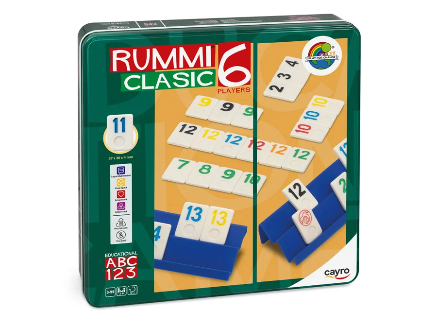 <b>Caixa Metall - Rummiclasic 6 Jugadors</b> de Cayro presenta el clàssic joc de combinacions numèriques en una resistent caixa metàl·lica, amb fi...
