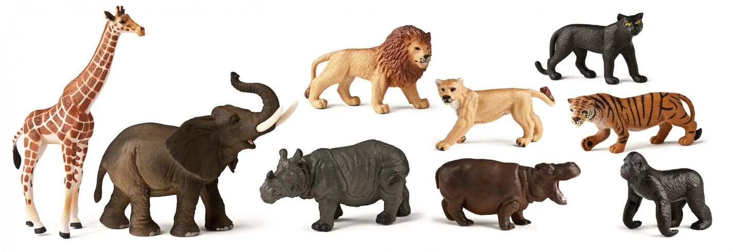 Conjunt de 9 figures d'animals de la selva dissenyades per a estimular el joc simbòlic i la imaginació dels més petits.<br>Inclou representacions ...