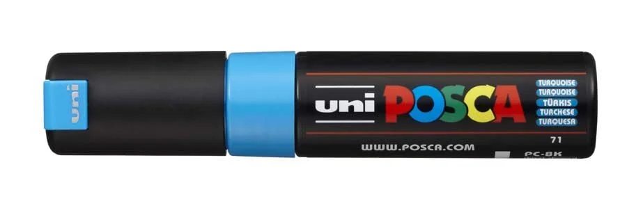 <p><b>Retolador POSCA PC-8K 8 mm turquesa</b><br><br>El POSCA PC-8K és el marcador ideal per a treballs de gran format. La seva punta bisellada gr...