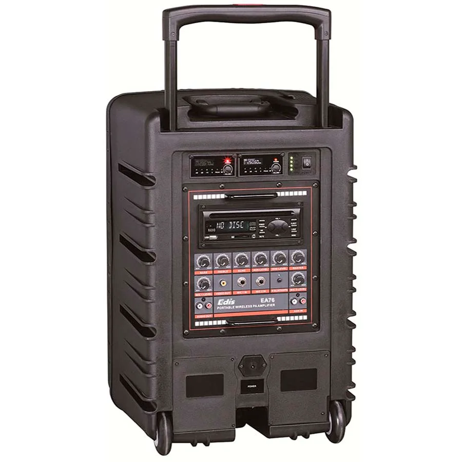 <p><strong>Altaveu portàtil 120 W</strong></p><p>Altaveu portàtil de 120 W amb dos micros sense fil amb bateria i rodes + ansa de transport.</p>
