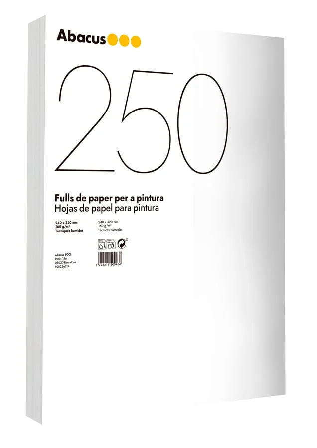 <p><b>Paper per a pintura Abacus 24x32 cm 160g 250 fulls</b><br><br> Fulls de paper per a pintura Abacus d'alta resistència. <br><br><b>Caracterís...