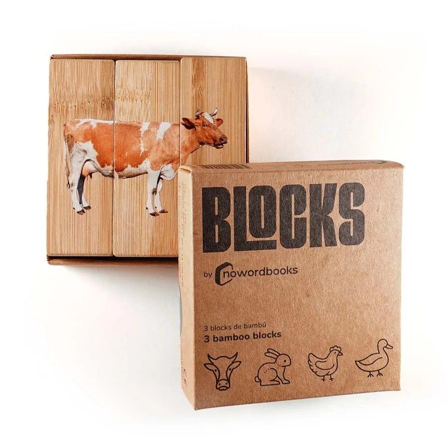 <b>Blocs Animals de Granja</b><br><br>Joc amb <b>3 blocs de bambú</b> que formen <b>4 puzles</b> d’animals de granja.<br><br>Inclou <b>ànec, galli...
