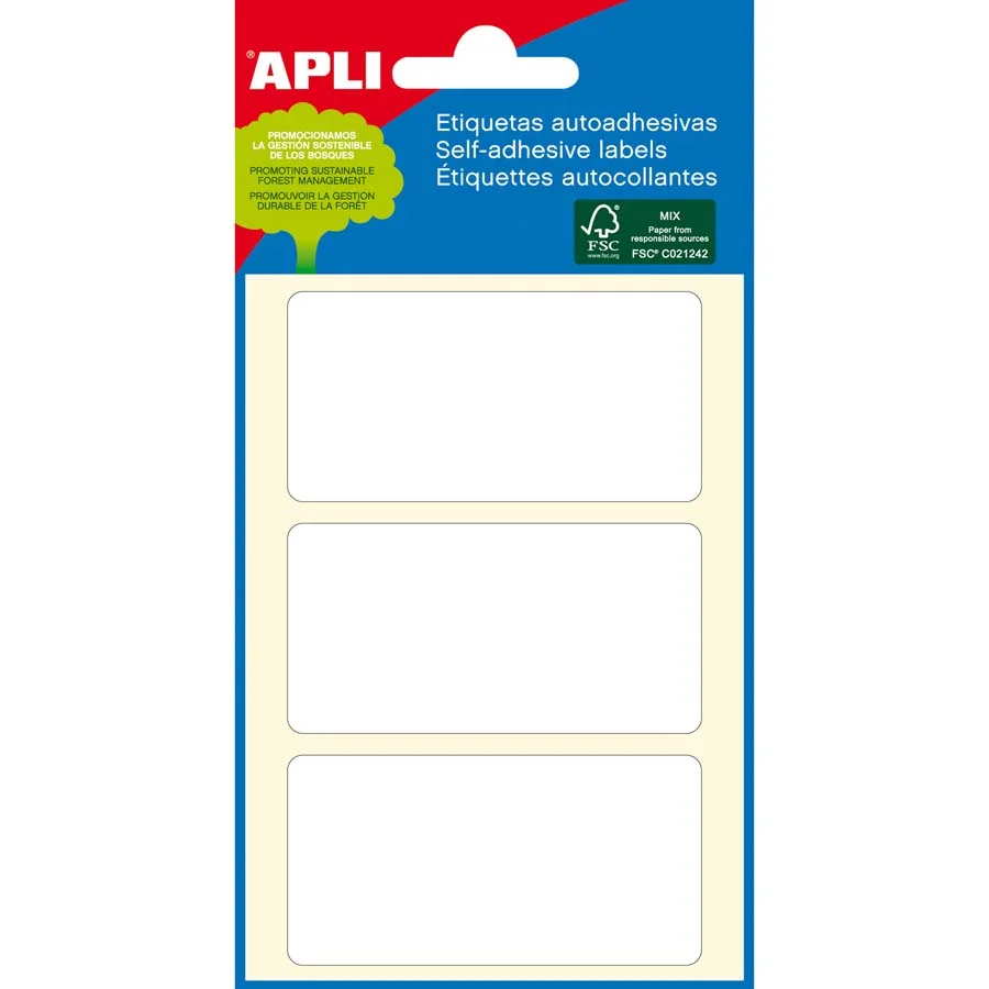 <p><b>Etiquetes adhesives Apli 34 x 67 mm 18 unitats</b><br><br>Etiquetes blanques amb cantos romos i adhesiu permanent, presentades en pràctiques...