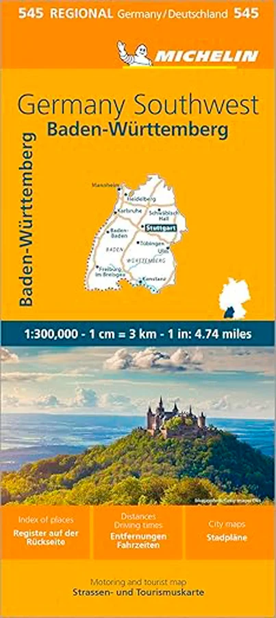 El mapa regional MICHELIN Alemania Suroeste a escala 1/300.000 le proporcionara una amplia cobertura de rutas primarias, secundarias y panoramicas...