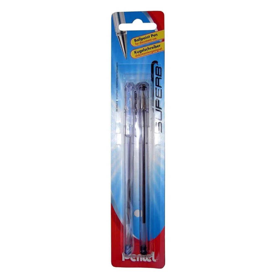 Bolígraf Pentel Superb BK77 2 unitats Negre/Blau. Bolígraf de punta metàl·lica amb bola 0,7 mm. Traç fi 0,25. Tinta d´oli. Amb caputxó (antiasfíxi...